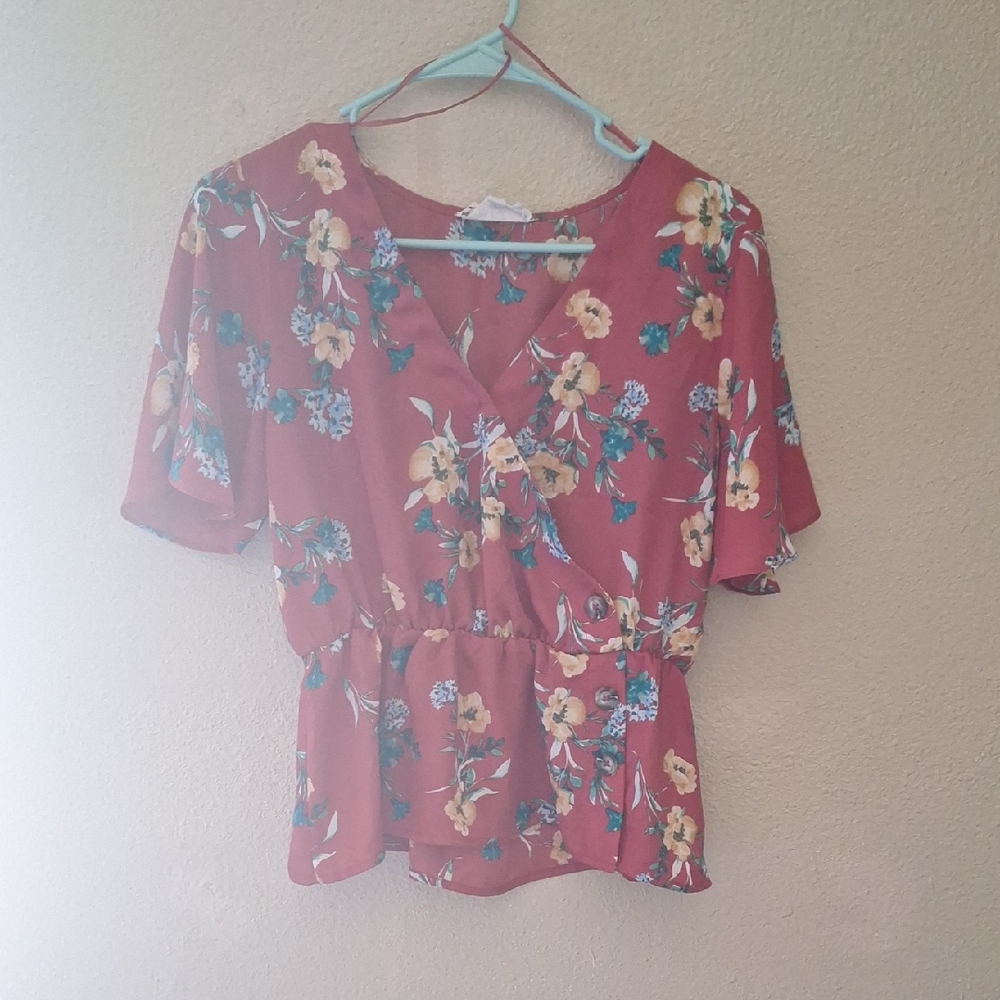 Pink Rose Flutter Sleeve Wrap Peplum Top in Pink and Orange